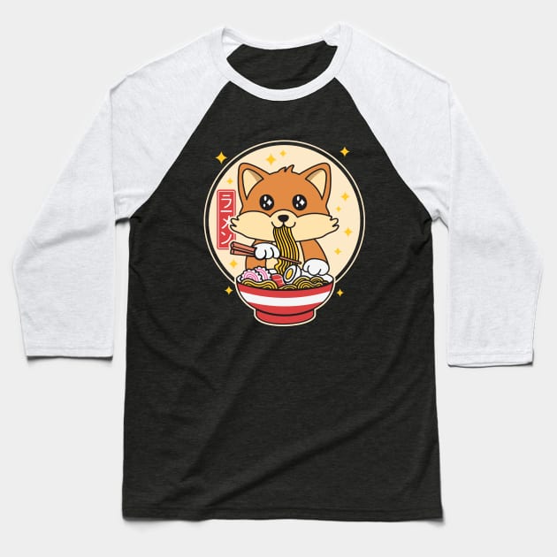 Cute Fox Eating Ramen Kawaii Japanese Food Baseball T-Shirt by Cuteness Klub